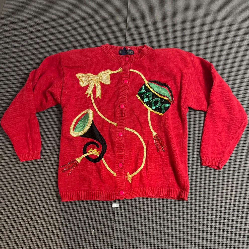 Herman Geist Vintage Red Christmas Cardigan Musical Drum Horn Sequin Sweater M